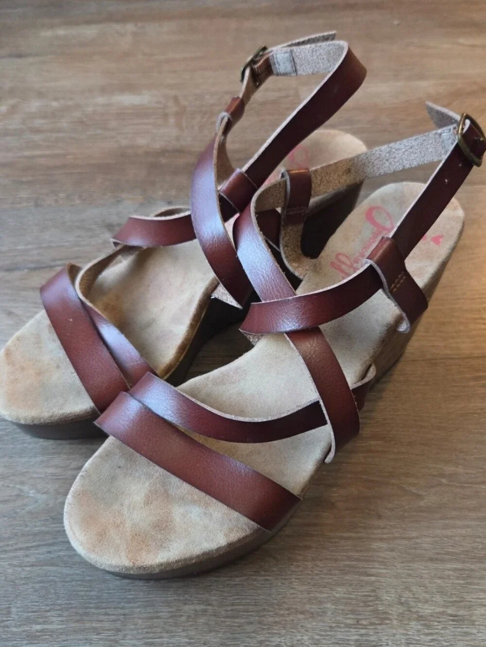 Jellypop Cancan Women's Strappy Brown Leather Wedge Sandals, Size 10